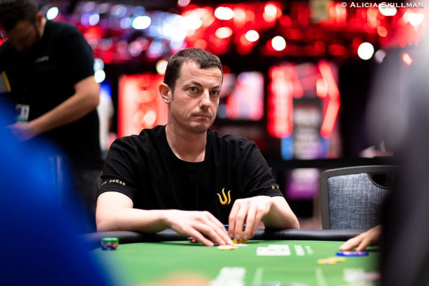 Tom Dwan was at the feature table for the early part of Day 3, but busted when he shoved a turned pair and flush draw into aces and bricked