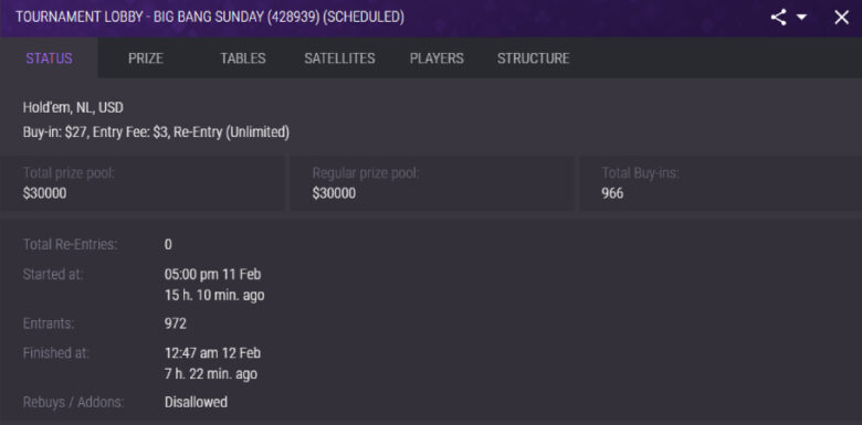 JackPoker Sunday Big Bang $30K GTD lobby