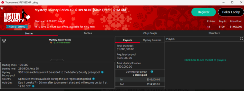 PokerStars Mystery Bounty Series: $109 Mystery Bounty Series Main Event with $1M guaranteed