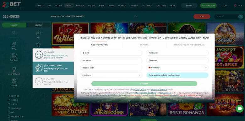 22Bet Casino registration form