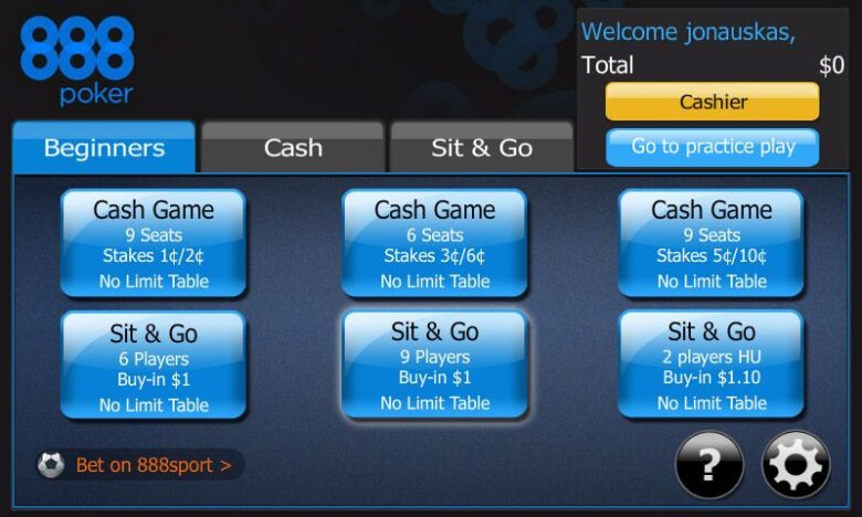 888 Poker New Jersey software menu