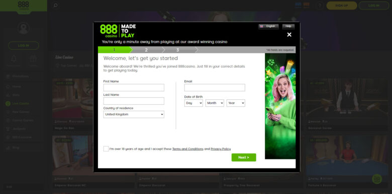 888 Casino registration form