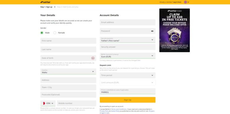 Betfair Poker registration form