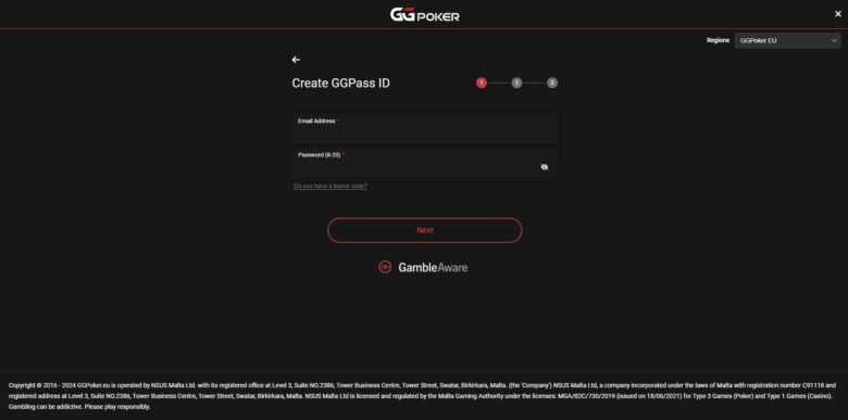 GGPoker Casino registration form