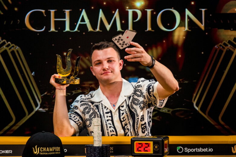 A close-up of Kulev celebrating after winning a high-stakes poker hand at the Triton Poker Super High Roller Series. 