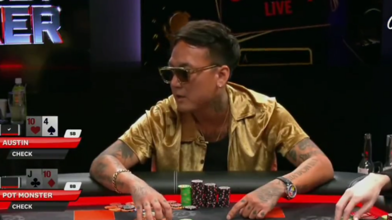 A profile shot of Austin Yoo, with poker chips in front of him and a serious look on his face during a live tournament.