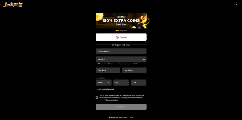 Jackpota Casino registration form