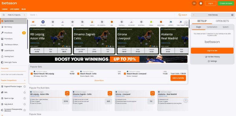 Betsson sportsbook main page