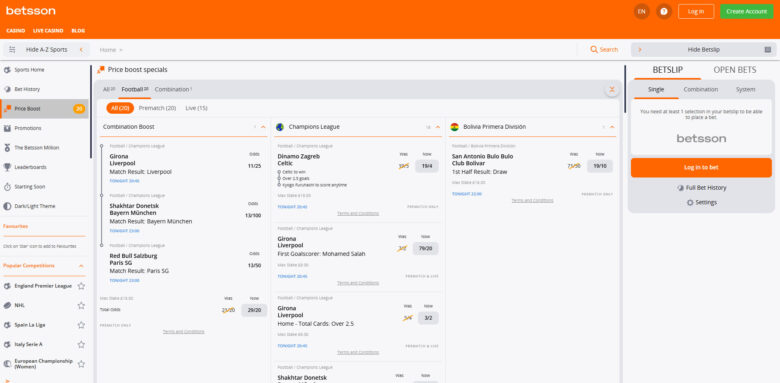 Betsson sportsbook price boost specials