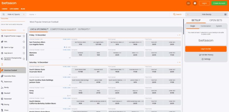 Betsson sportsbook american football section