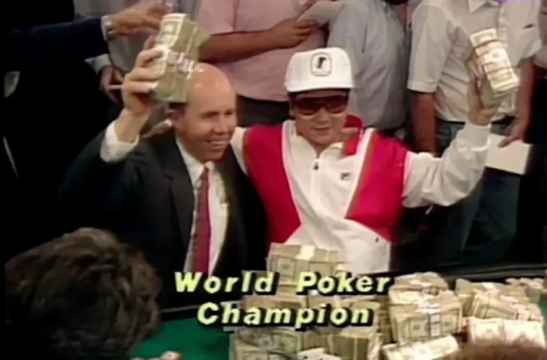 Jack Binion (left) with Johnny Chan. WSOP 1987.