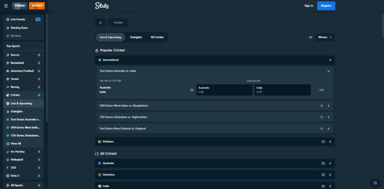 Stake.com sportsbook live games section