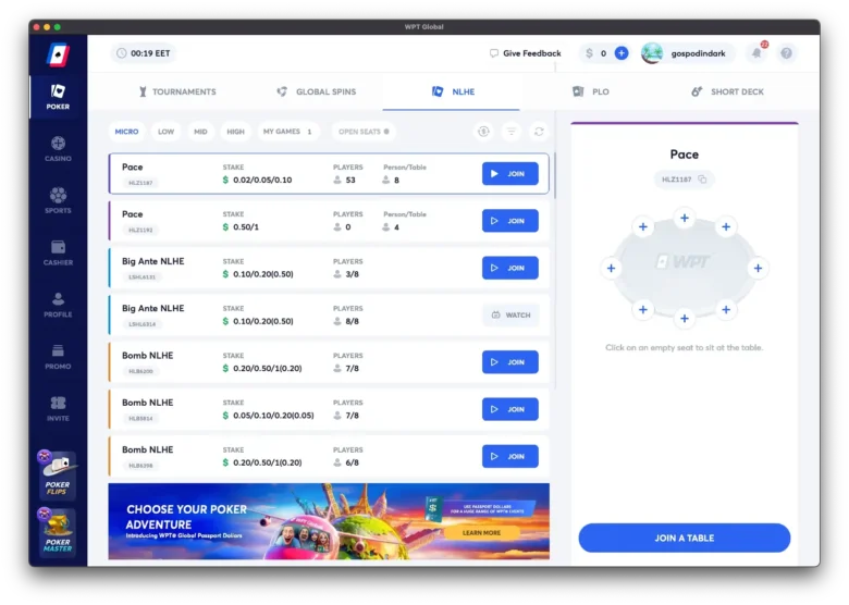 WPTGlobal lobby with pool selection