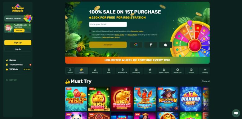 Fortune Wheelz Casino main page