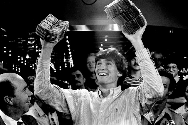 Phil Hellmuth after winning the 1989 WSOP Main Event, with Jack Binion standing by his side. (Photo by WAYNE KODEY/LAS VEGAS REVIEW-JOURNAL)