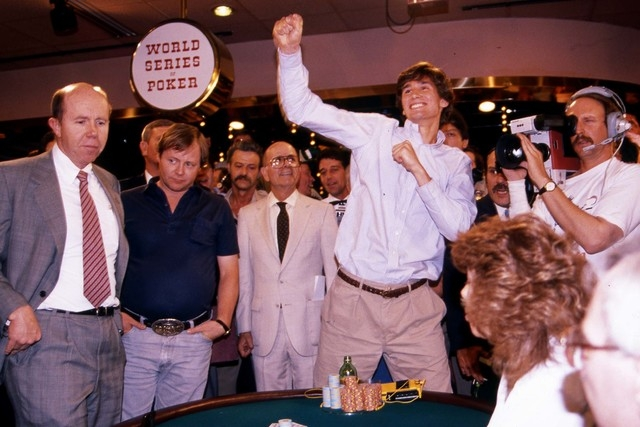 Phil Hellmuth in the first moments after his victory at the 1989 WSOP Main Event. On the left is Jack Binion, the manager of Binion’s Horseshoe Casino. On the right is an ESPN camera crew operator. (Photo by WAYNE KODEY/LAS VEGAS REVIEW-JOURNAL)