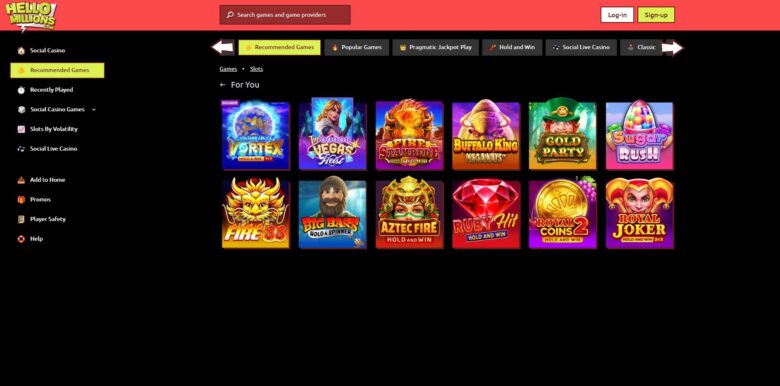 Hello Millions Casino Recommended Games section 