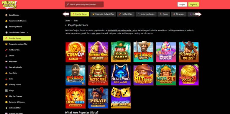 Hello Millions Casino Popular Games section