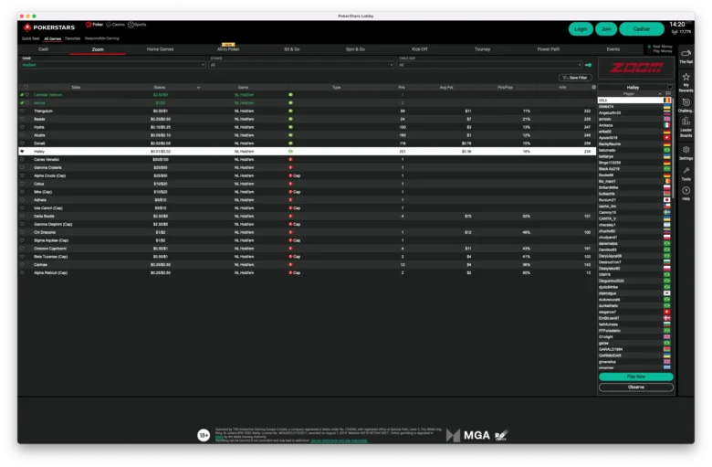 PokerStars Zoom Lobby