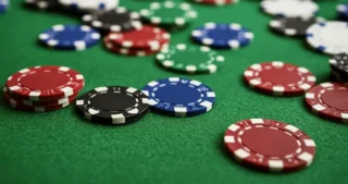 poker chips on the green poker field