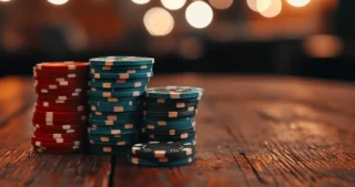 poker chips on wooden table