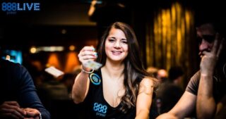 Sofia Lövgren throwing chips at poker table.